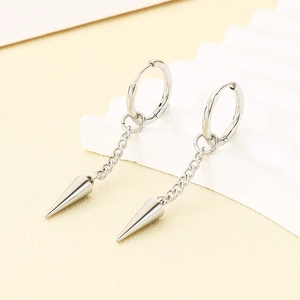Polished stainless steel spike drop earring featuring chain and cone pendant on white stand