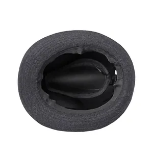 Interior view of grey wool fedora hat featuring black sweatband and size 60 label