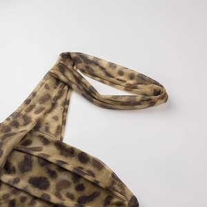 Sexy leopard print mesh halter top featuring animal pattern and sheer fabric texture