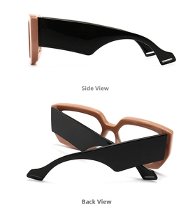 Side and back views of nude cat-eye glasses with thick black deconstructed temples
