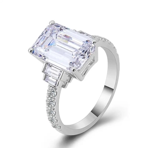 Elegant emerald cut zircon ring with side stones in a minimalist silver setting