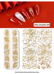Detail of 03# gold alloy nail art rivets in 12-grid organizer box with geometric shapes