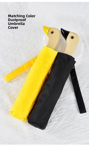 Detail of wooden duck-head handles and matching protective sleeves for sun umbrellas