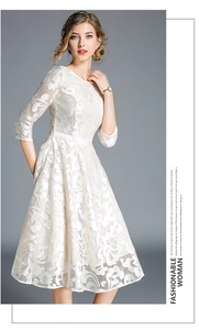 Macro shot of delicate white floral lace fabric and embroidery on a slim-fit dress