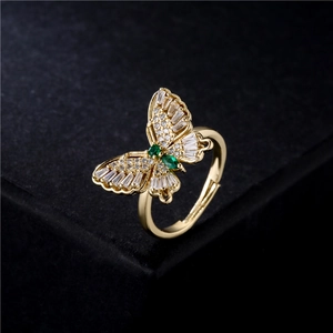 Adjustable 18K gold-plated butterfly ring with sparkling white and green zircons