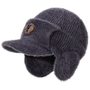 Deep grey winter knit trapper hat with fur lining and side leather patch detail