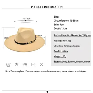 Classic beige wool fedora hat with wide brim and black band for men and women