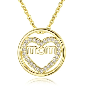 Macro shot of 18K gold MOM necklace with heart-shaped sparkling cubic zirconia pendant