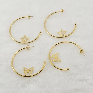 Golden 18K stainless steel C-shaped earrings with hollow star and butterfly designs