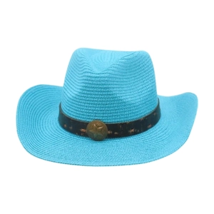 Chapeau de cowboy en paille bleu ciel avec bande marron vintage et emblème étoile