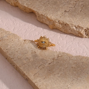 Detailed view of evil eye sunburst ring in 18K gold plating with zircon stone