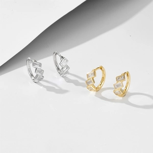 Vintage sterling silver geometric hoop earrings with square zircon in gold and silver