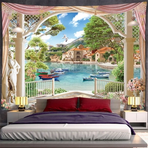Scenic Mediterranean landscape wall tapestry with terrace view for bedroom decor
