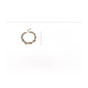 Vista dettagliata del bracciale con perle e strass con dimensioni e specifiche dei materiali