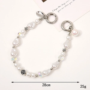 28cm pearl and bead phone strap with silver mountain buckle and camellia charm floral detail