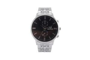 Close-up of silver stainless steel strap and black dial with decorative subdials