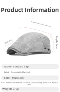 Detailed size chart for breathable camo flat cap with 55-60cm adjustable circumference