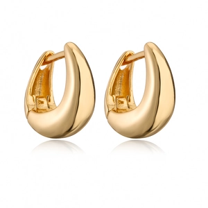 Minimalist teardrop hoop earrings in polished gold plated finish on white background