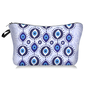Waterproof purple Evil Eye print cosmetic bag with black zipper and large capacity