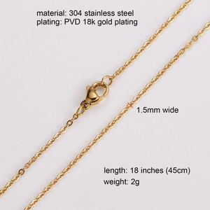 Detail of 1.5mm 18K gold plated stainless steel chain with lobster clasp and measurements
