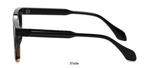 Side view of square sunglasses with black and tortoise shell acetate frame