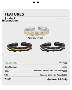 Detailed spec sheet showing S925 sterling silver rings with lava texture and split colors