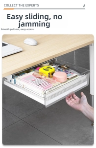 Detail of transparent under-desk drawer showing partitioned storage for office stationery