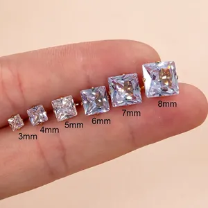 Size comparison of six square-cut 3-8mm cubic zirconia earrings in four-claw gold setting