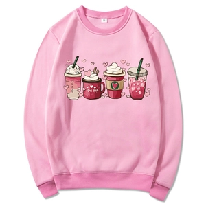 Detail of pink crewneck sweatshirt with heart coffee print and True Love lettering