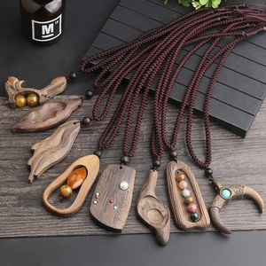 Retro ethnic style handmade wooden pendant necklaces set with beaded braided rope accents