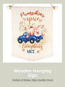Detail of non-woven fabric banner featuring a blue pumpkin truck and wood holder