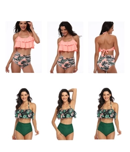 Detail of high waisted bikini sets featuring ruffle halter tops and floral print bottoms