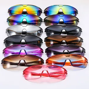 Matrix display of colorful sports sunglasses with one-piece wrap-around shield lenses
