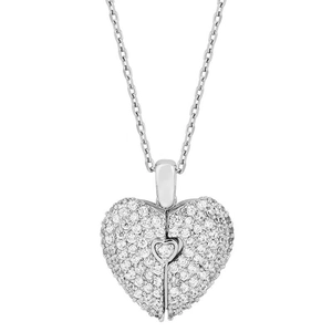 Polished silver heart locket necklace with sparkling pavé crystals and fine link chain