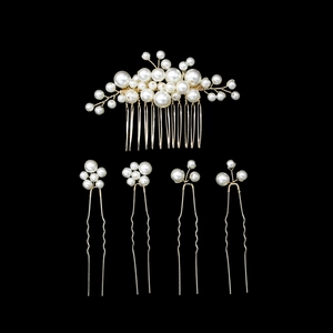 Vintage Baroque large pearl hair comb and pin set with 5 pieces in golden finish