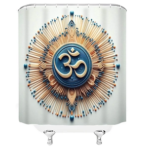 Detail showing the 3D Om symbol print on a bohemian style shower curtain with sun patterns