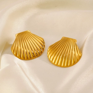 Boucles D'Oreilles Coquillage Acier Inoxydable Plaqué Or 18K Forme Saint-Jacques Métal Poli Texture Nervurée Pour Femmes