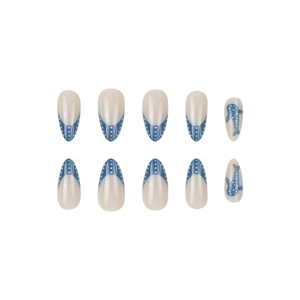 Blue whale ocean wave almond press-on nails with summer French style polka dot patterns