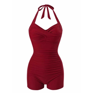 Slimming burgundy one-piece swimsuit with halter neck, v-neckline and ruched tummy control