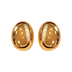 Minimalist glossy gold oval stud earrings with a 3D metallic mirror finish for women