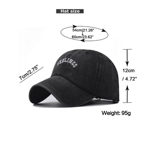 Detailed size chart of washed cotton baseball cap with Feelings embroidery and 95g weight