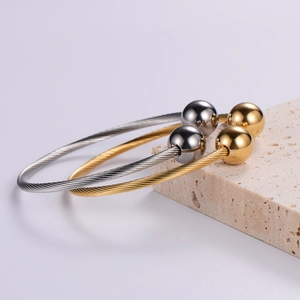 Retro punk adjustable steel wire cuff bracelet with metal beads in gold and silver finish