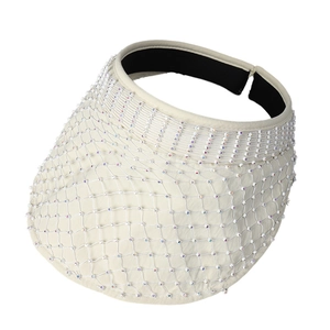 Cream mesh visor hat with sparkling rhinestones for stylish summer sun protection