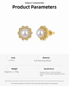 Detailed specs of sunflower 925 silver earrings with 6mm shell pearls and gold plating
