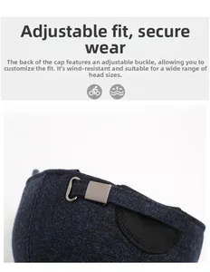 Detail of adjustable silver buckle and elastic strap on blue woolen baseball cap