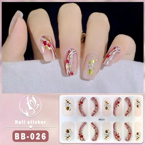 Detailed view of BB-026 5D nail stickers featuring red-white curves and gold foil accents