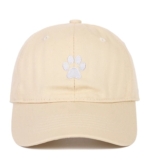 Close-up of a khaki cotton baseball cap featuring white paw print embroidery on the front