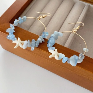 Hoop Earrings With Artificial Aquamarine Chips And White Starfish Gold Alloy Steel Earring Post Ocean Style For Women