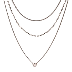Three-layer silver stainless steel necklace with a round sparkling crystal pendant