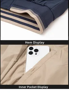 Detail van gestreepte ribboord en binnenzak voor smartphone op marineblauw jack